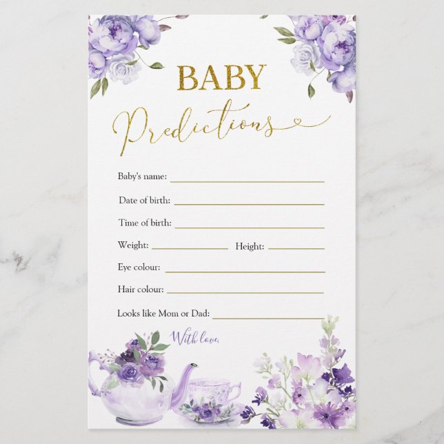 Papier Purple Floral Fête des mariées Thé Baby Prédiction (Devant)