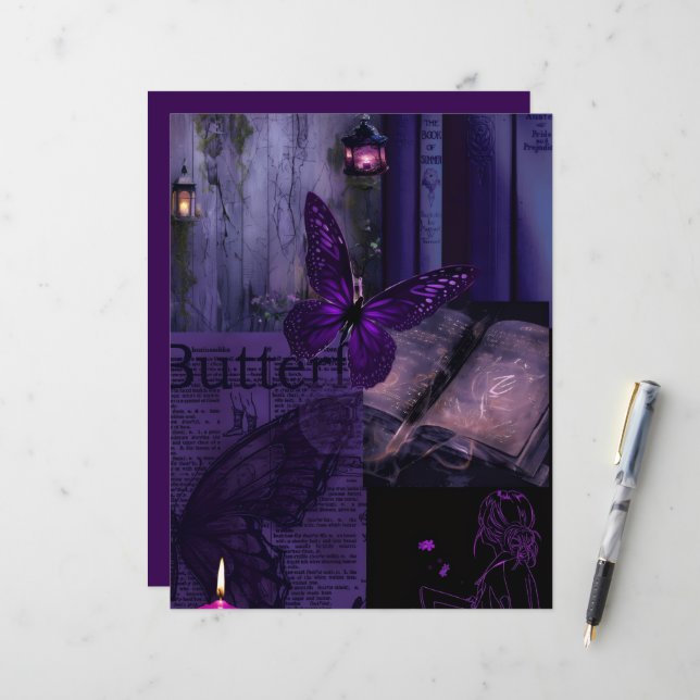 Papier Purple Midnight Butterfly Magic Scrapbook Paper (Devant/Arrière en situation)