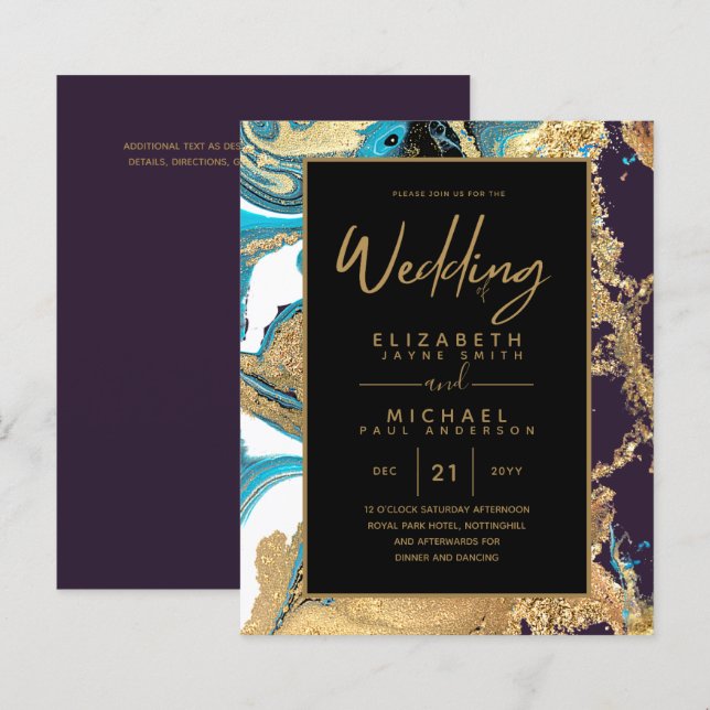 Papier Purple Turquoise et Gold Agate Budget Mariage invi (Devant / Derrière)