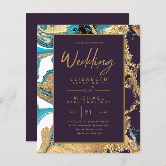 Papier Purple Turquoise Or Agate Budget Mariage Invite (Devant / Derrière)