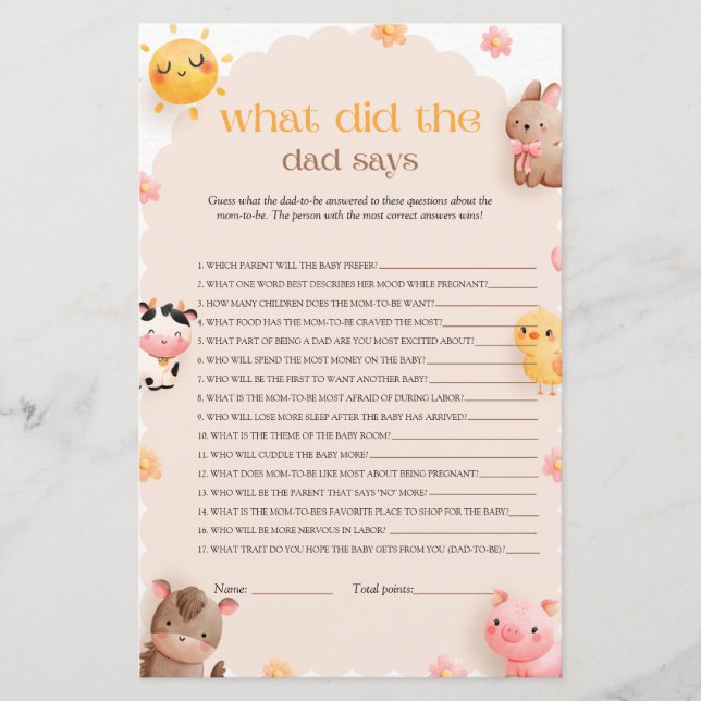 Papier Qu'a dit papa animaux de ferme Baby shower jeu (Devant)
