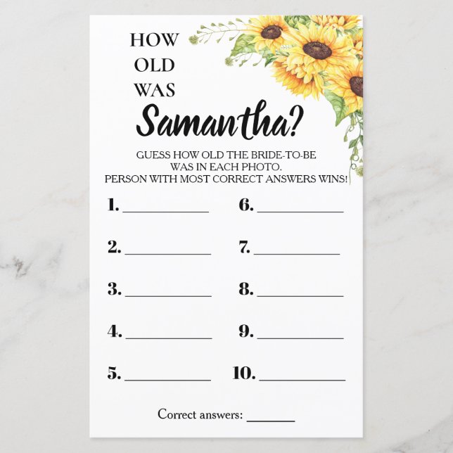 Papier Quel âge avait Elle nuptiale douche anglais jeu es (Devant)