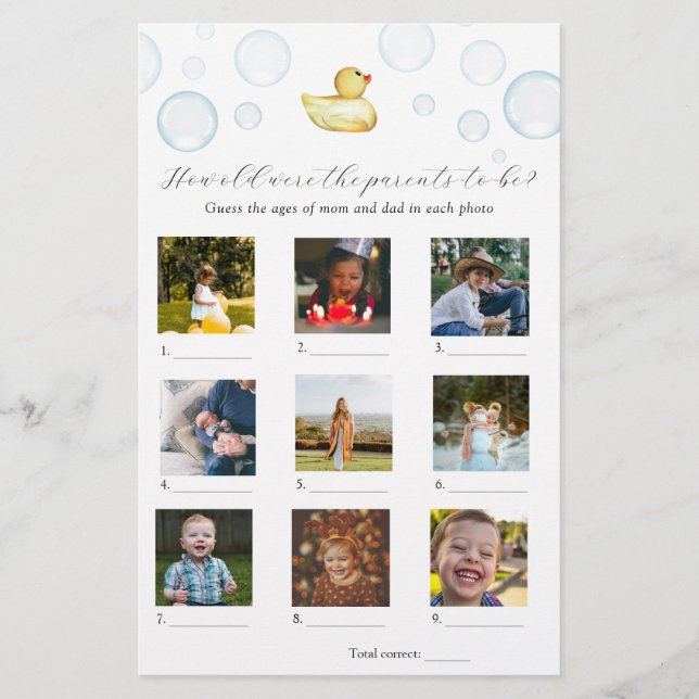 Papier Quel Âge Ont-Ils Été En Caoutchouc Baby shower Jeu (Devant)