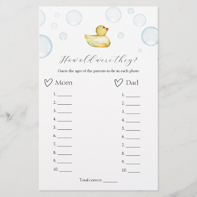 Papier Quel Âge Ont-Ils Été En Caoutchouc Baby shower Jeu (Devant)
