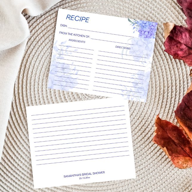 Papier Quelque chose de bleu recette de douche nuptiale d (Something blue hydrangea floral bridal shower recipe card)