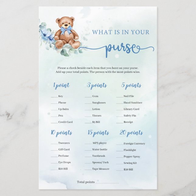 Papier Qu'est-ce que dans votre sac à main Jeu Teddy Bear (Devant)