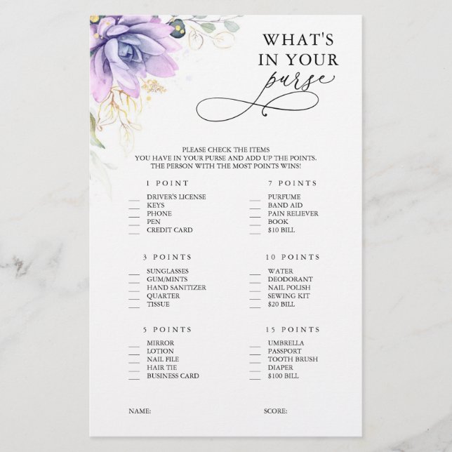 Papier Qu'est-ce que dans votre sac à main succulent jeu  (Devant)