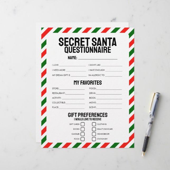 Papier Questionnaire cadeau Secret Père Noël (Devant/Arrière en situation)