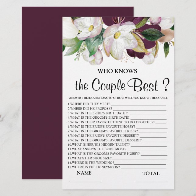 Papier Qui connaît Couple meilleur burgundy floral Bride  (Devant / Derrière)