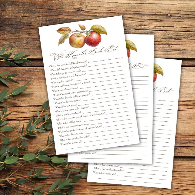 Papier Qui connaît la mariée meilleure pomme jeu de douch (Who knows the bride best apple fall shower game appley ever after bridal shower games)