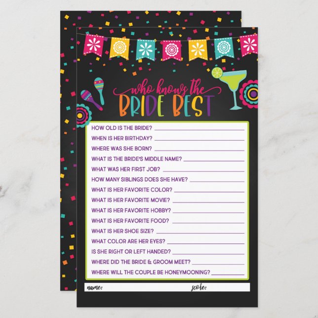 Papier Qui connaît le mieux la mariée - Fiesta (Devant / Derrière)