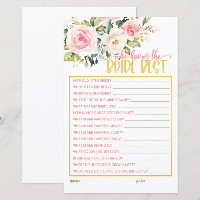 Papier Qui connaît le mieux la mariée - Rose Floral & Or (Devant / Derrière)