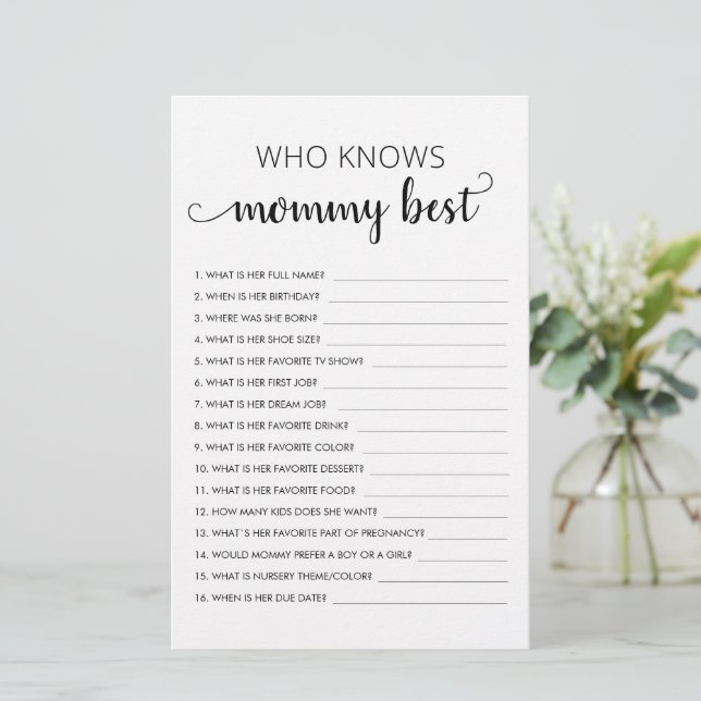 Papier Qui connaît maman Best ? Jeu de Baby shower custom (Debout devant)
