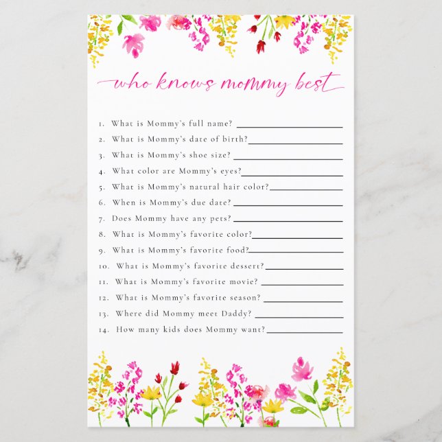 Papier Qui connaît maman Fleur sauvage Baby shower jeu (Devant)