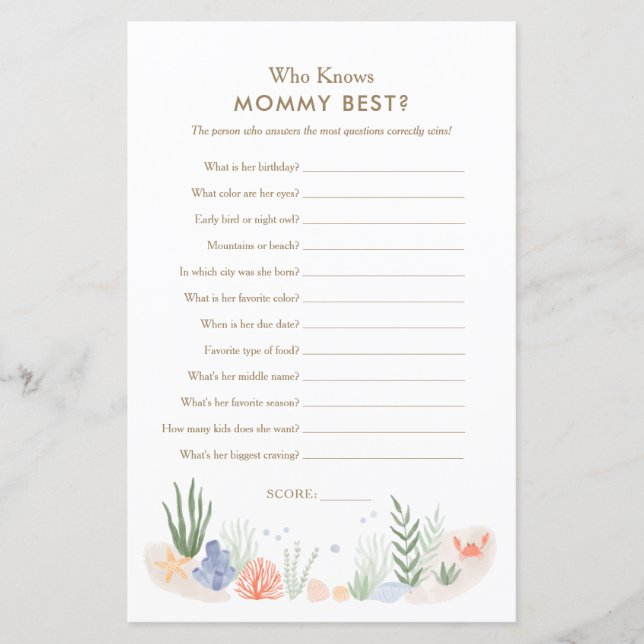 Papier Qui connaît maman le mieux sous le Baby shower mar (Devant)