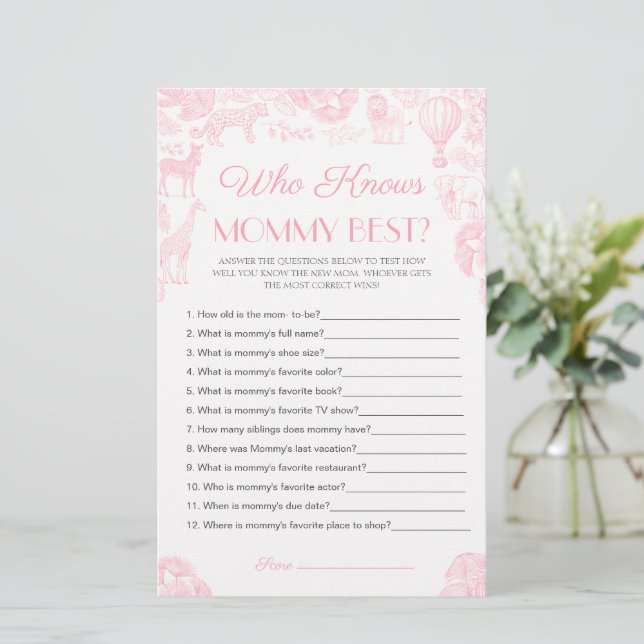 Papier Qui connaît maman meilleur Baby shower Game Card (Debout devant)