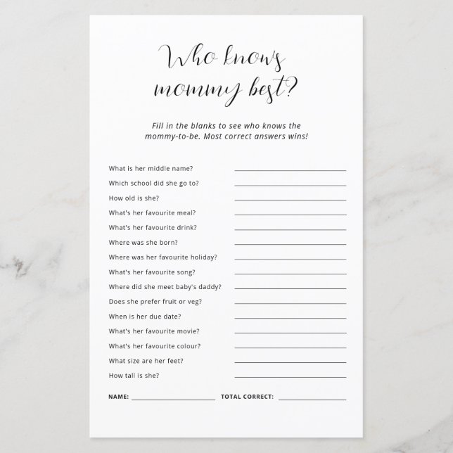 Papier Qui connaît maman meilleur Baby shower jeu (Devant)