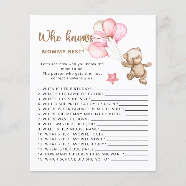Papier Qui connaît maman mon meilleur jeu de baby shower. (Devant)