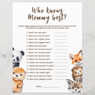 Papier Qui connaît Mommy Woodland Animaux Baby shower Jeu