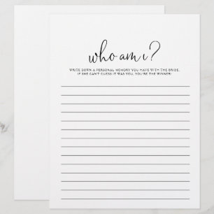 Papier Qui suis-je Fancy Script Fête des mariées jeu