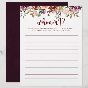 Papier Qui Suis-Je Jeu De Fête des mariées Florale Rustiq