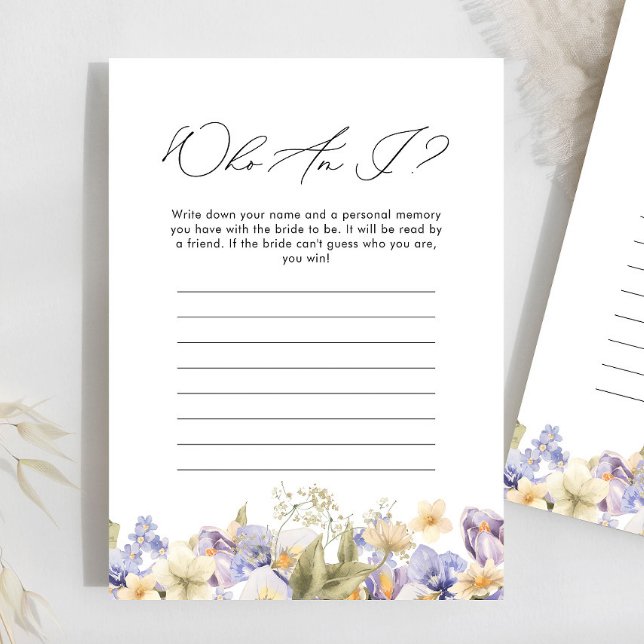 Papier Qui Suis-Je Jeu De Fête des mariées Florale Violet (Créateur téléchargé)