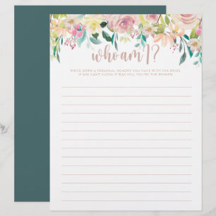 Papier Qui suis-je Rose Gold Floral Fête des mariées jeu