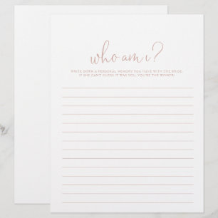 Papier Qui suis-je Rose Gold Script Fête des mariées jeu