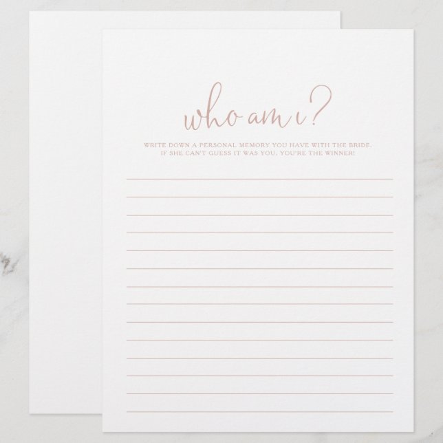 Papier Qui suis-je Rose Gold Script Fête des mariées jeu (Devant / Derrière)