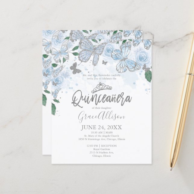 Papier Quinceanera Butterfly Budget Invitation Français (Devant/Arrière en situation)
