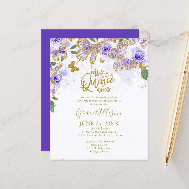 Papier Quinceanera Butterfly Budget Invitation Français (Devant/Arrière en situation)