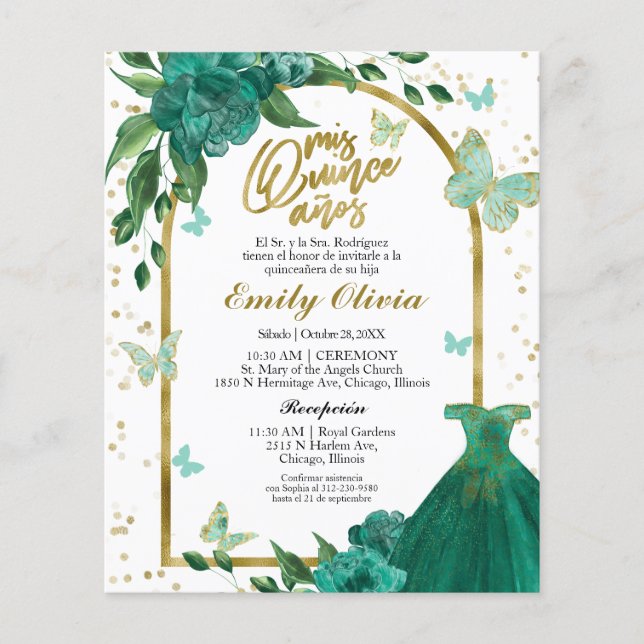 Papier Quinceanera Butterflys Espagne Budget Invitation (Devant)