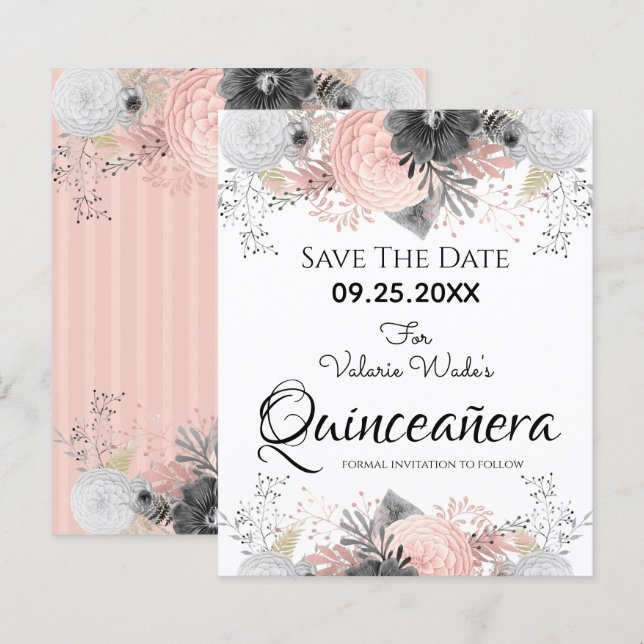 Papier Quinceanera florale rose vif Enregistrer la date (Devant / Derrière)