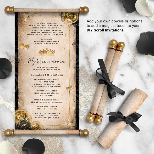 Papier Quinceanera or et noir do-it-yourself les invitati (DIY scrolls do not come with dowels. Add your own or roll up with a ribbon for a personalized touch!)