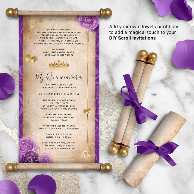 Papier Quinceanera or et violet do-it-yourself les invita (DIY scrolls do not come with dowels. Add your own or roll up with a ribbon for an elegant touch!)