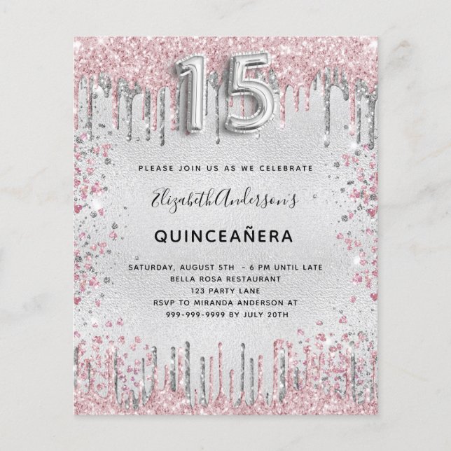 Papier Quinceanera parties scintillant rose argent invita (Devant)