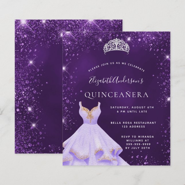 Papier Quinceanera parties scintillant violet robe tiara  (Devant / Derrière)