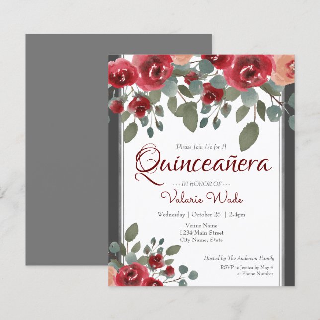 Papier Quinceanera Red Roses Floral Budget Invitation (Devant / Derrière)
