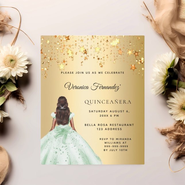 Papier Quinceanera robe or vert étoiles invitation (Créateur téléchargé)