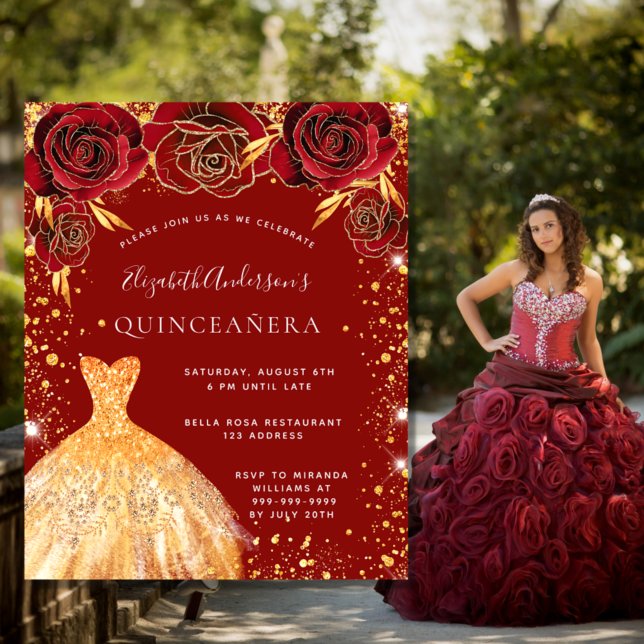 Papier Quinceanera robe rouge or robe invitation florale (Créateur téléchargé)
