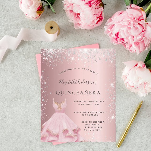 Papier Quinceanera rose argent robe invitation (Créateur téléchargé)