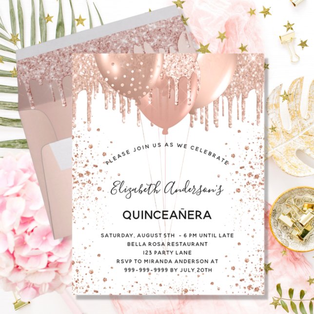 Papier Quinceanera rose en or ballons invitation (Créateur téléchargé)