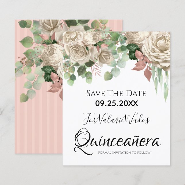 Papier Quinceanera rose florale Sauvez la date (Devant / Derrière)