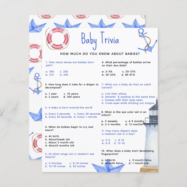 Papier Quiz Bébé Marin | Jeu de Baby Shower (Devant / Derrière)