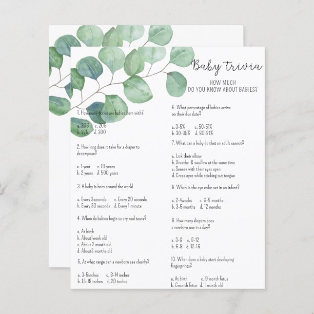 Papier Quiz bébé verdure | Jeu de baby shower (Devant / Derrière)