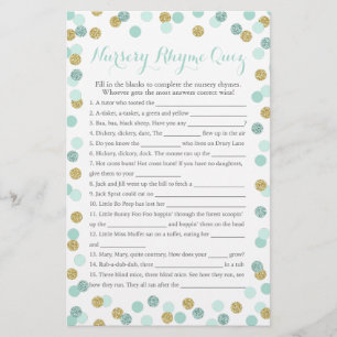 Papier Quiz de la pépinière de Baby shower de la menthe e