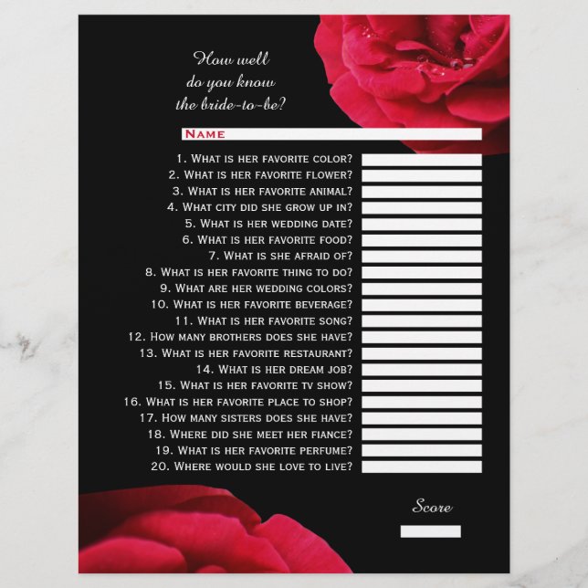 Papier Quiz de mariage - rose rouge (Devant)