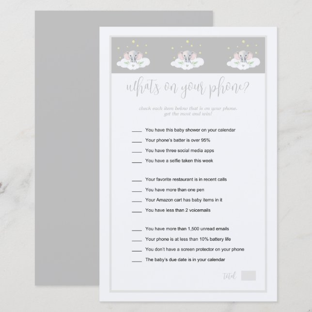 Papier Qu'y a-t-il sur votre téléphone Jeu Baby shower él (Devant / Derrière)