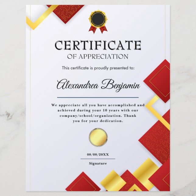Papier Réalisation Apprécier Gold Blue Certificat (Devant)
