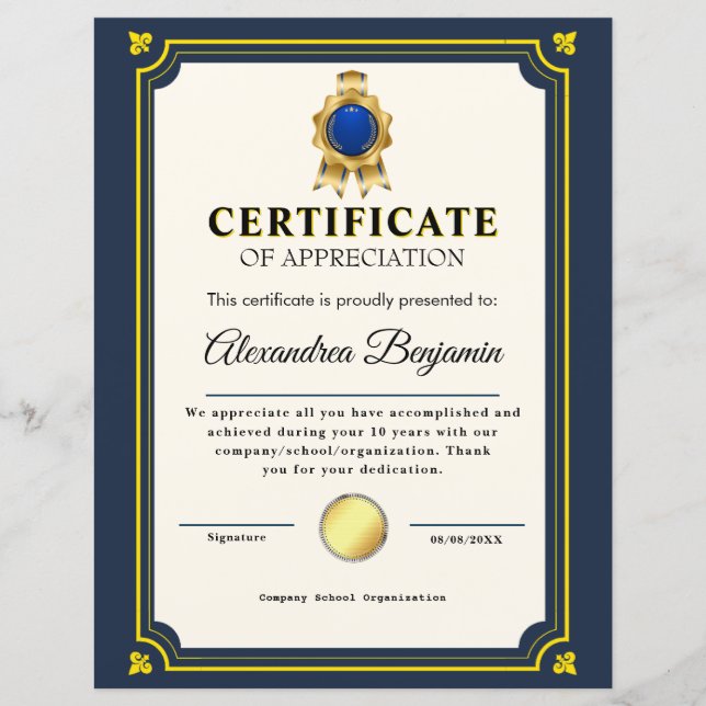 Papier Réalisation Apprécier Gold Blue Certificat (Devant)